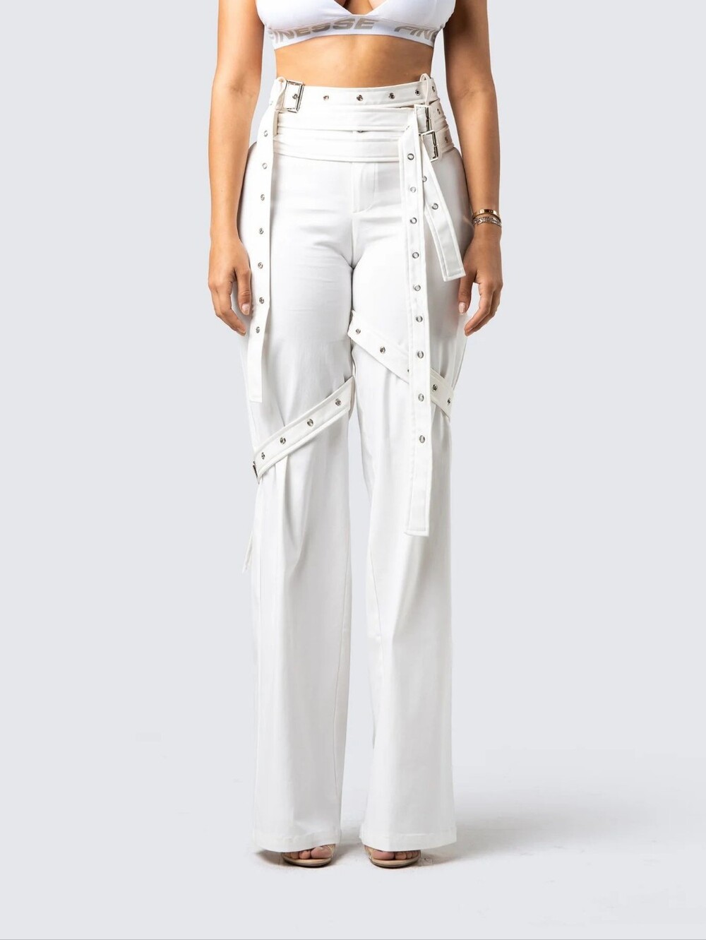 Finesse Pia White Faux Leather Belt Pant/Size L/SomeDirty/new/MSRP$75